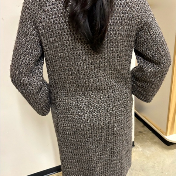 Tory Burch mid-length coat with brown leather trim and a tweed weave. - Picture 8 of 17